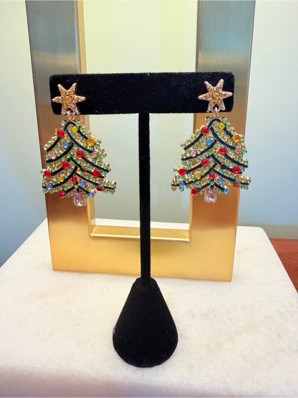 Holiday Multi-Color Crystal Christmas Tree Drop Earrings - Gold Tone